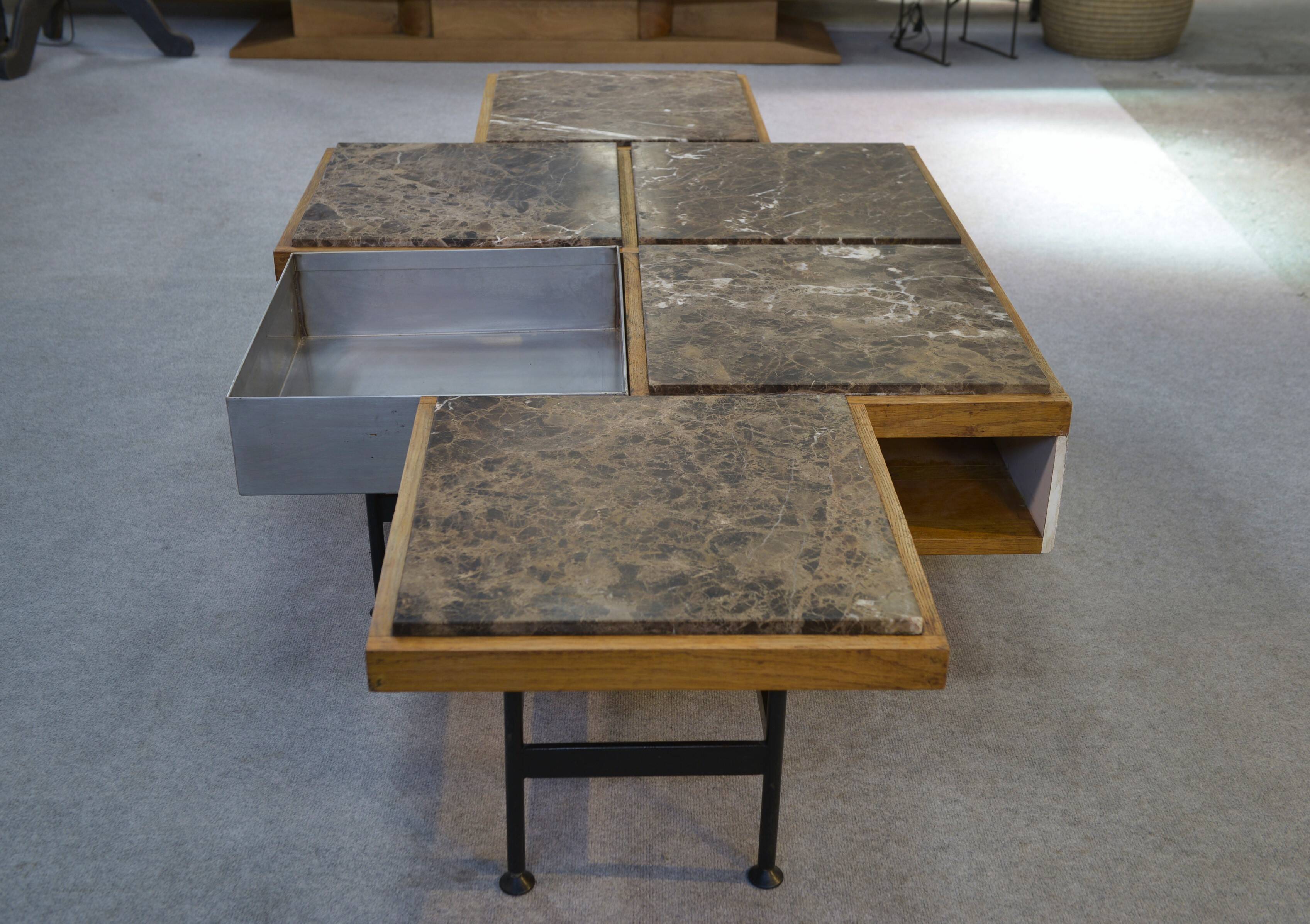 Coffee table with steel base and oak and grey marble frame, 1970s
