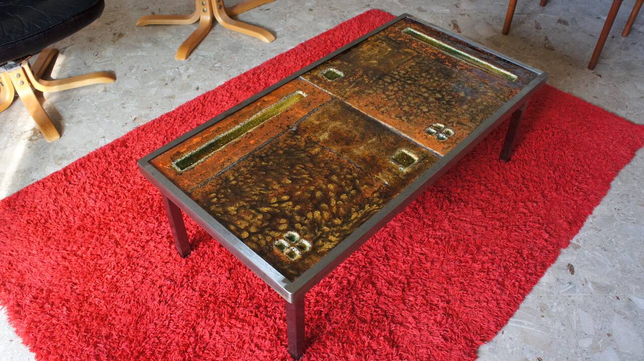 Coffee table by Robert and Jean Cloutier in steel and enameled lava stone Vintage 1950