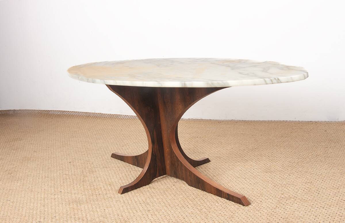 Oval coffee table in Carrara marble and rosewood, Hugues Poignant 1960