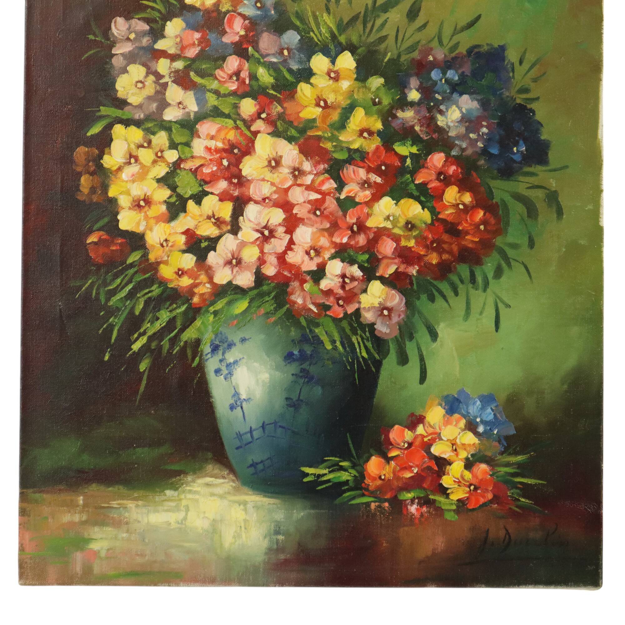 Grande nature morte de fleurs colorées signée 60x50cm