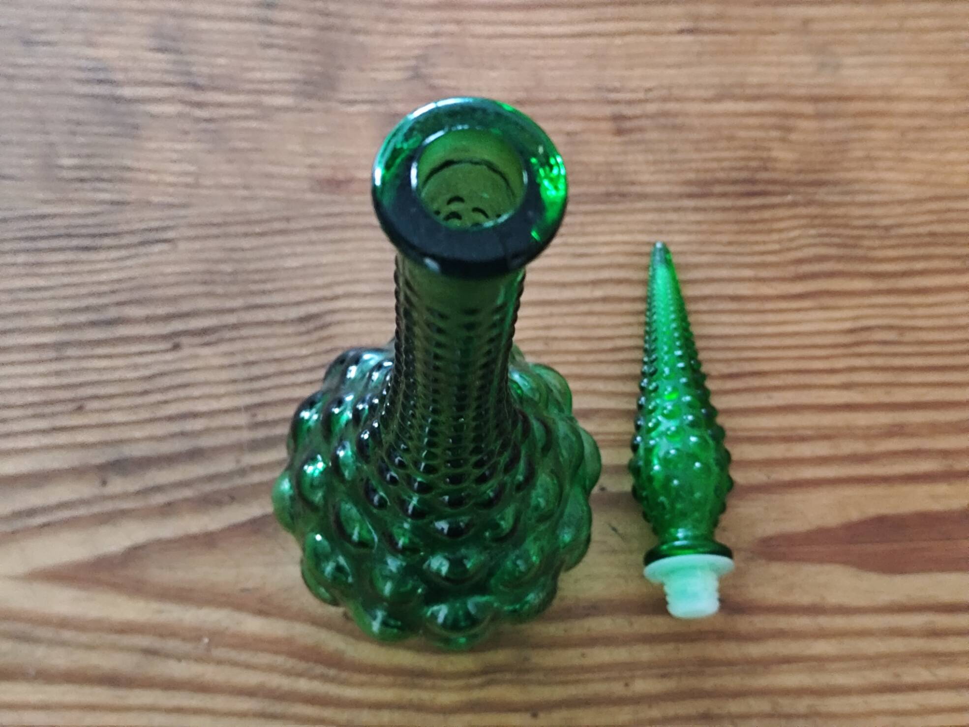 Italian carafe in Empoli glass, Boules model, green color, year 60.