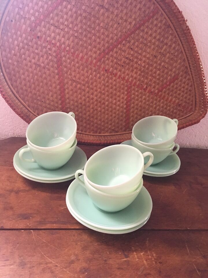 Serves six coffee cups opaline green water 60s.