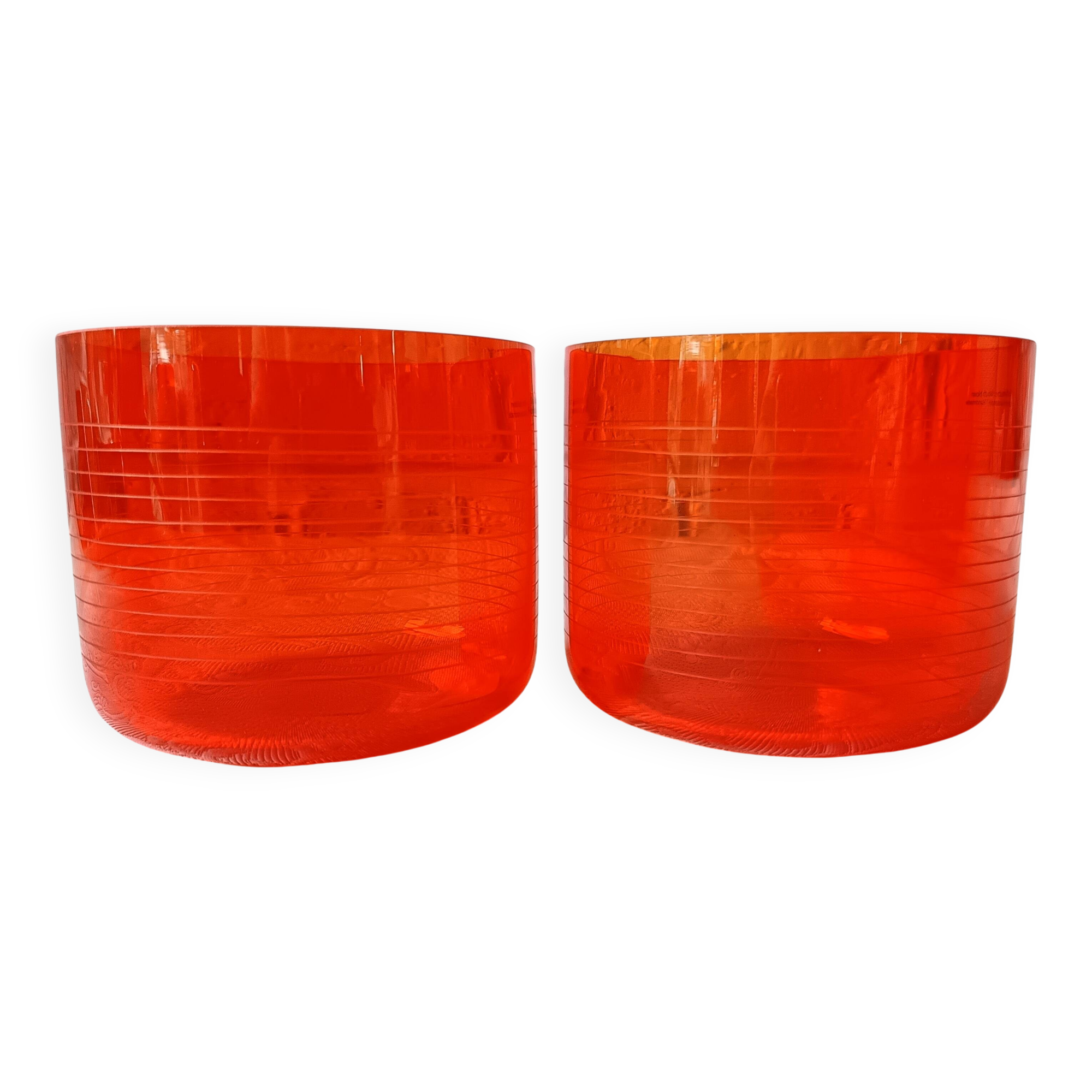 2 large vintage orange glass tealight holders, France, Mikasa mouth-blown