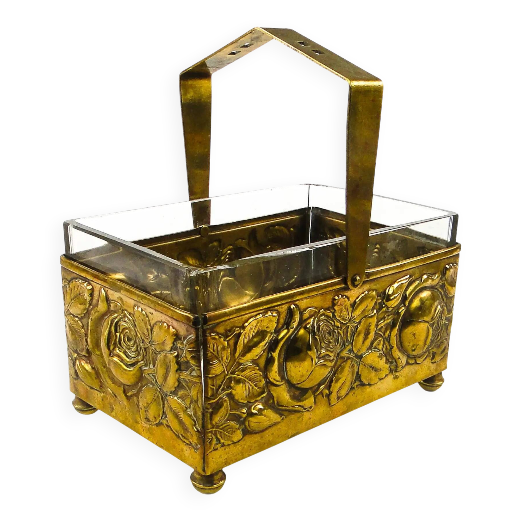 Panier à noix et fruits Art Déco, en laiton, cristal, Allemagne, années 1930