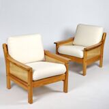 Pair of 70s cane and pine armchairs