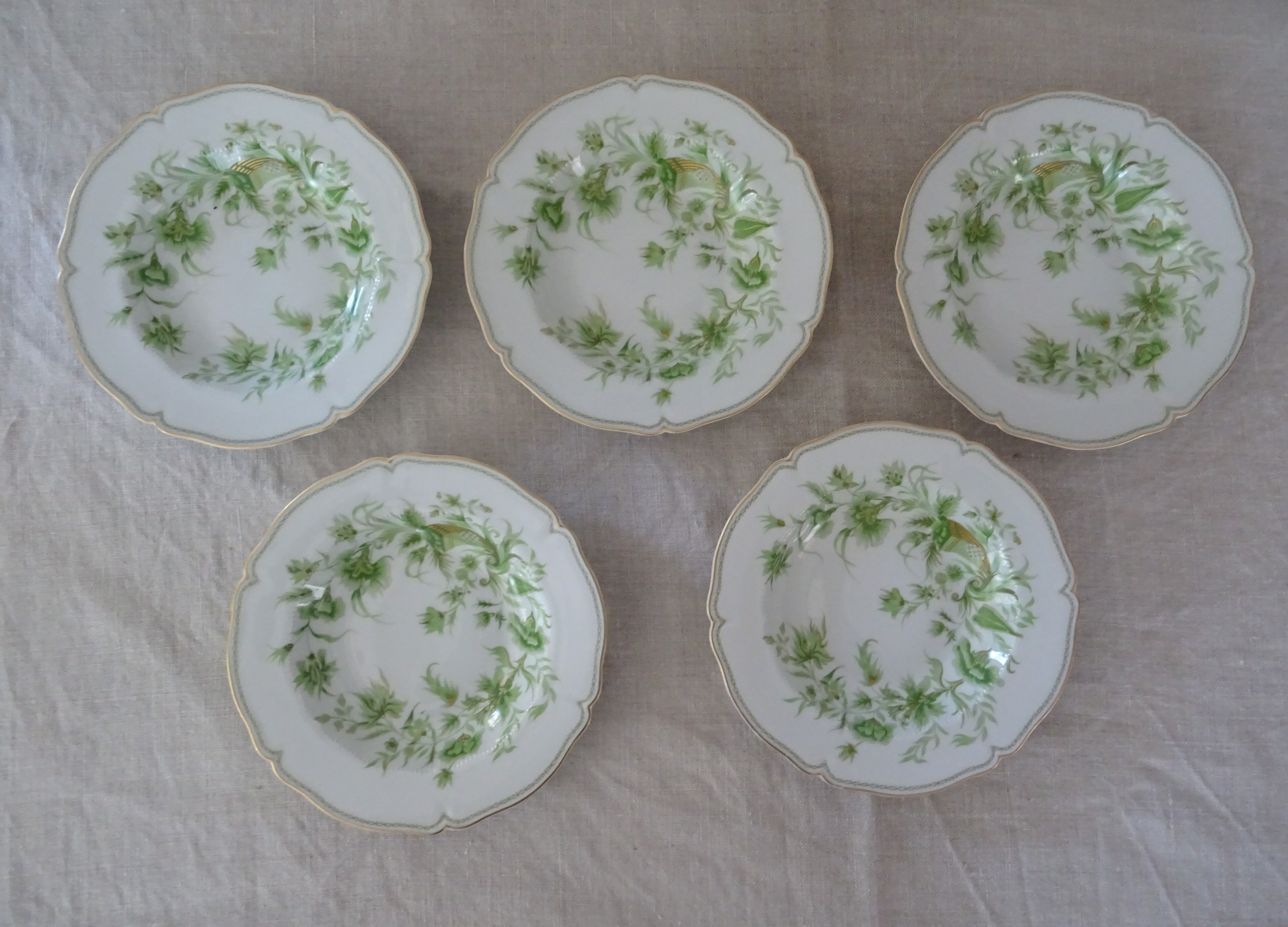 5 Plates Haviland Limoges decoration With green and gold horn