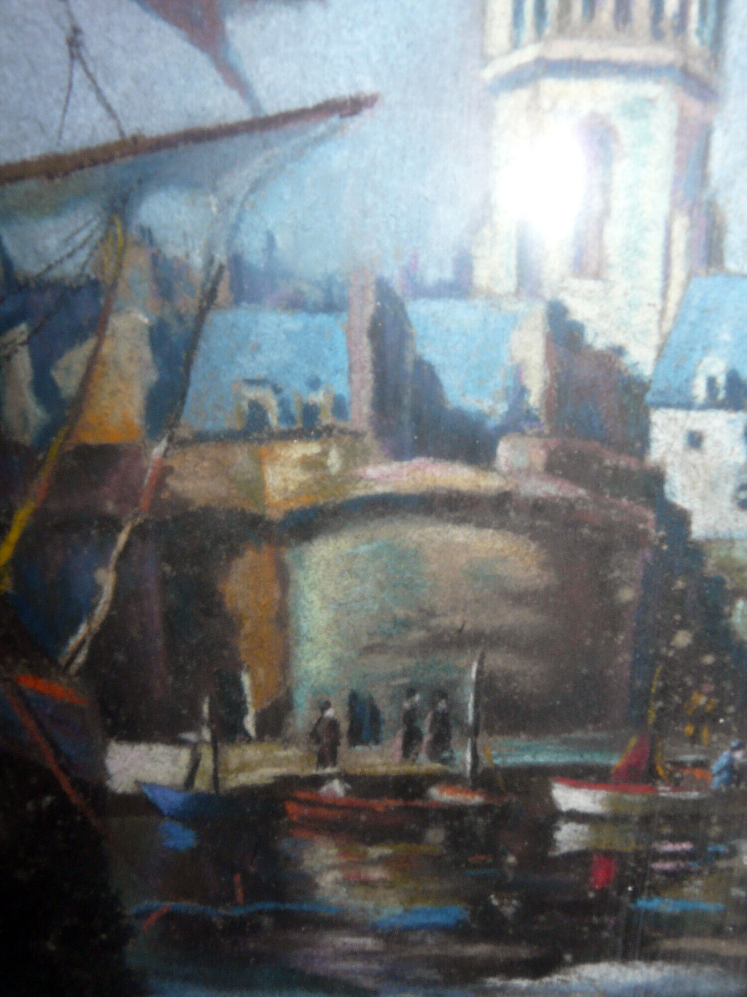 Painting Marine XIX° signed H. Chopeler pastel Port boat masts + frame