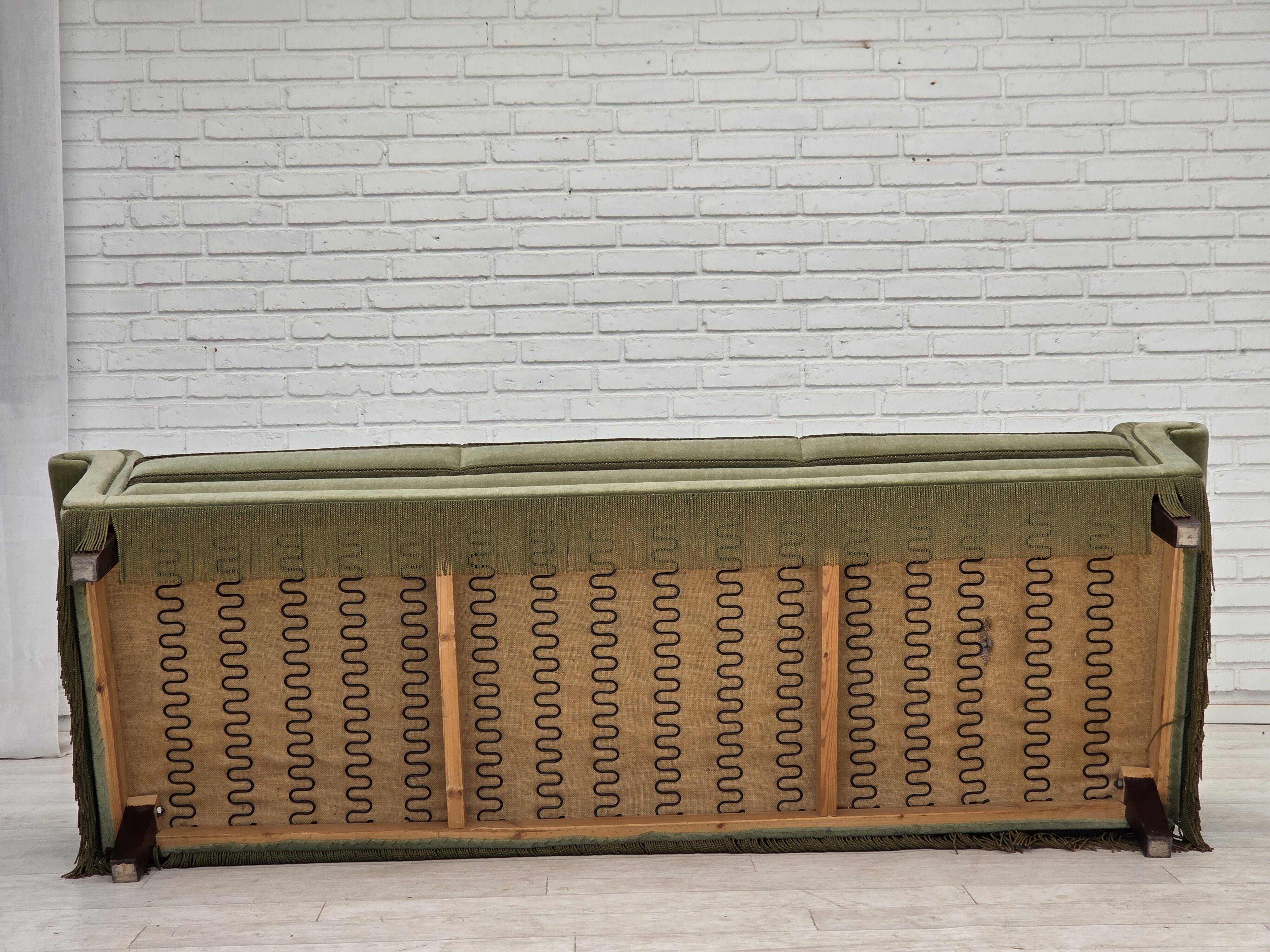 1970s, Danish 3-seater sofa, green furniture velour, beech wood.