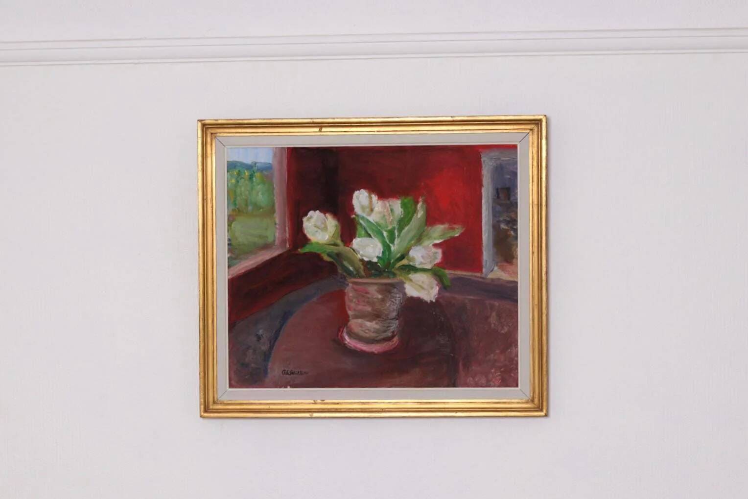 Original Swedish Oil on Canvas – “White Roses” by Aina Schiller, Arvika