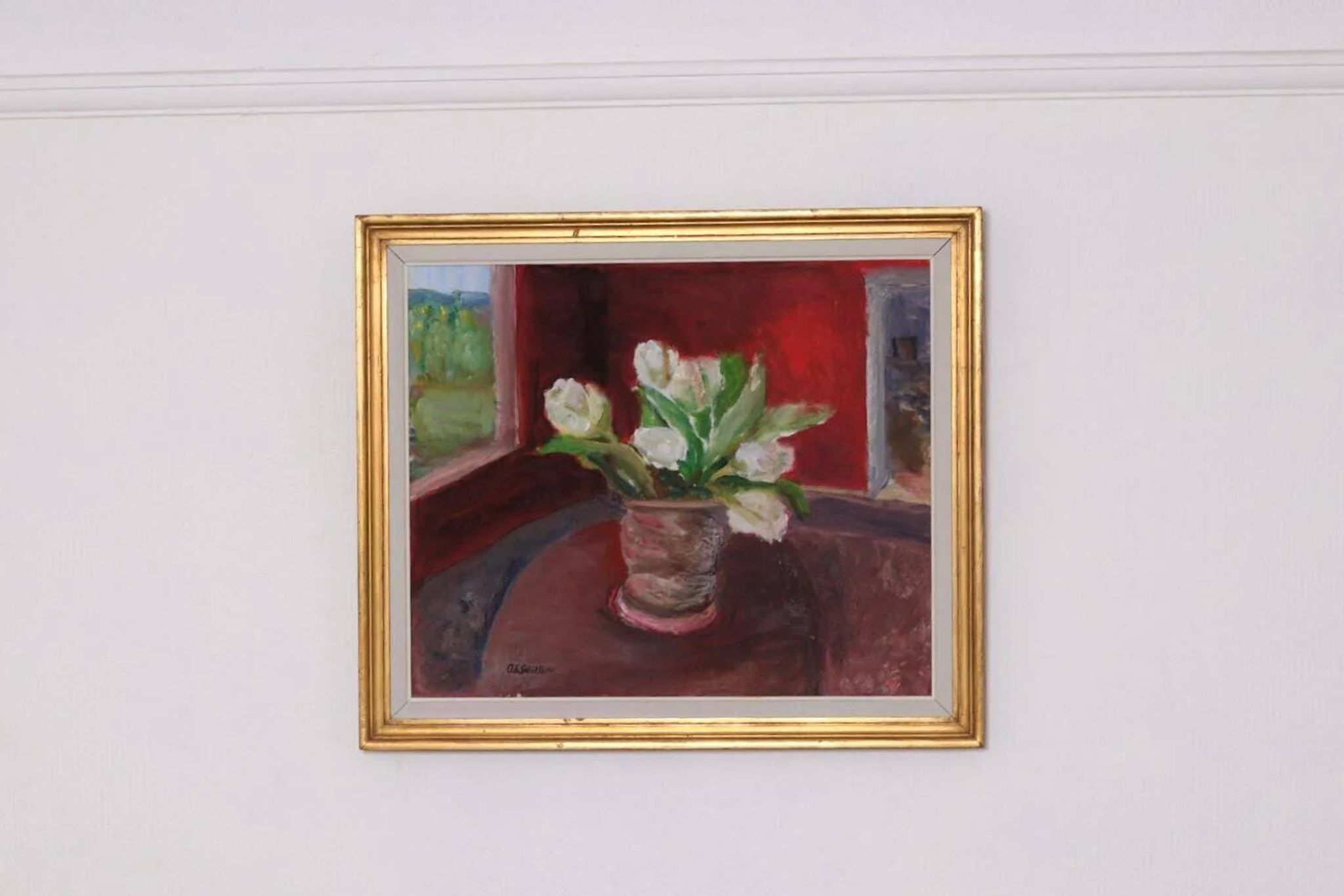 Huile sur toile originale suédoise – « Roses blanches » par Aina Schiller, Arvika