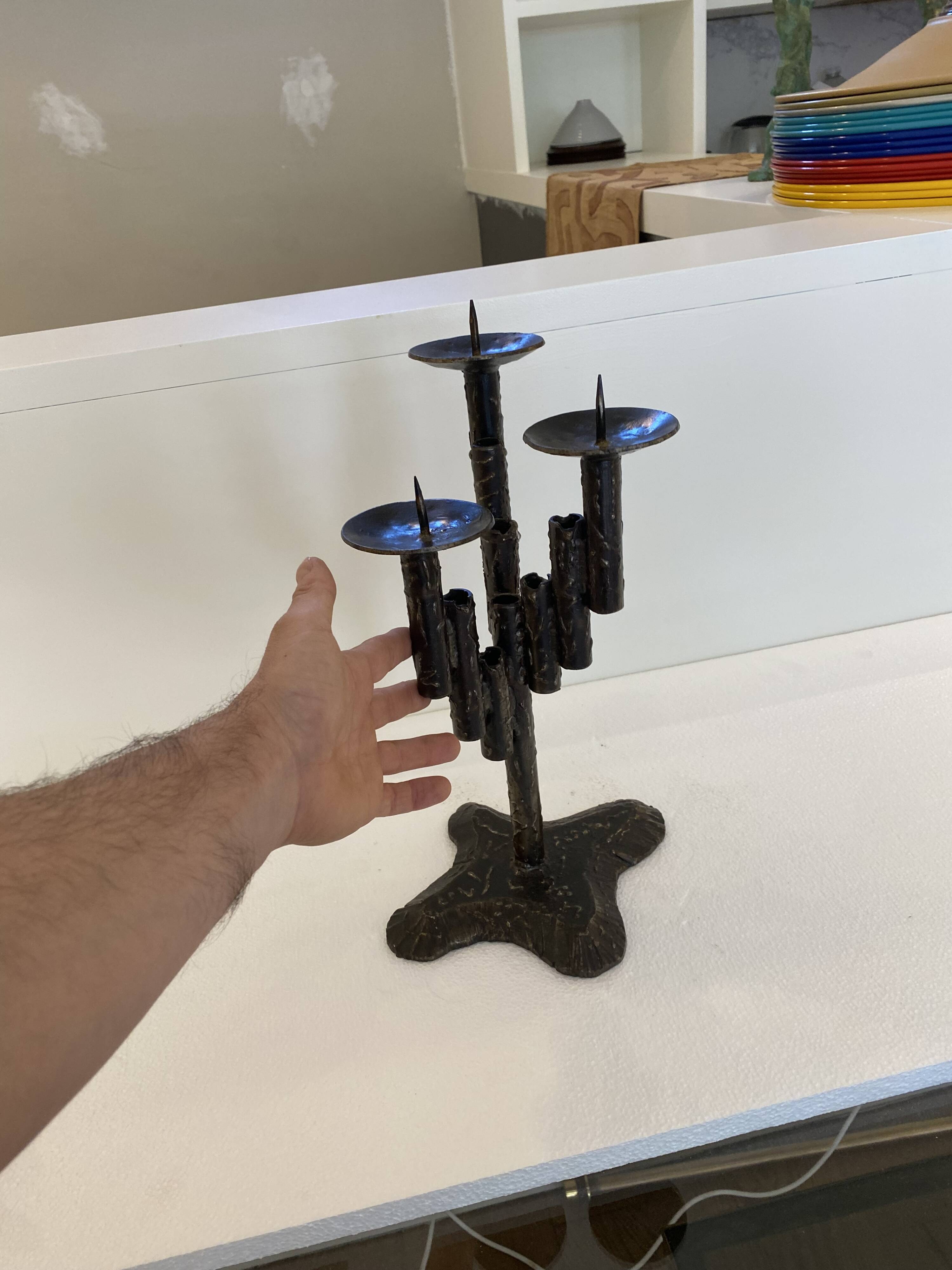 Brutalist Iron Textured Hand Forged Candleholder, Mid-century Modern, 1960s