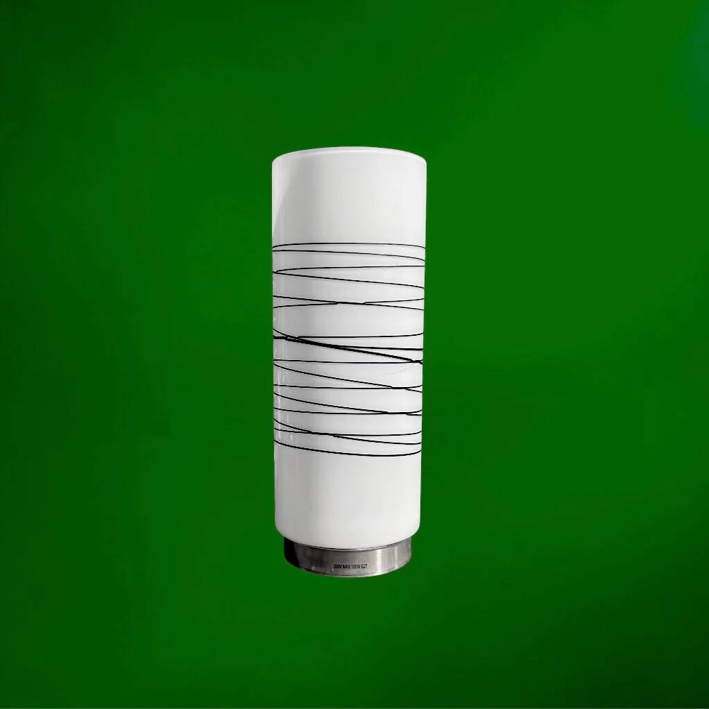 Vintage solid cylindrical lamp in white opal glass and brushed metal – postmodern design