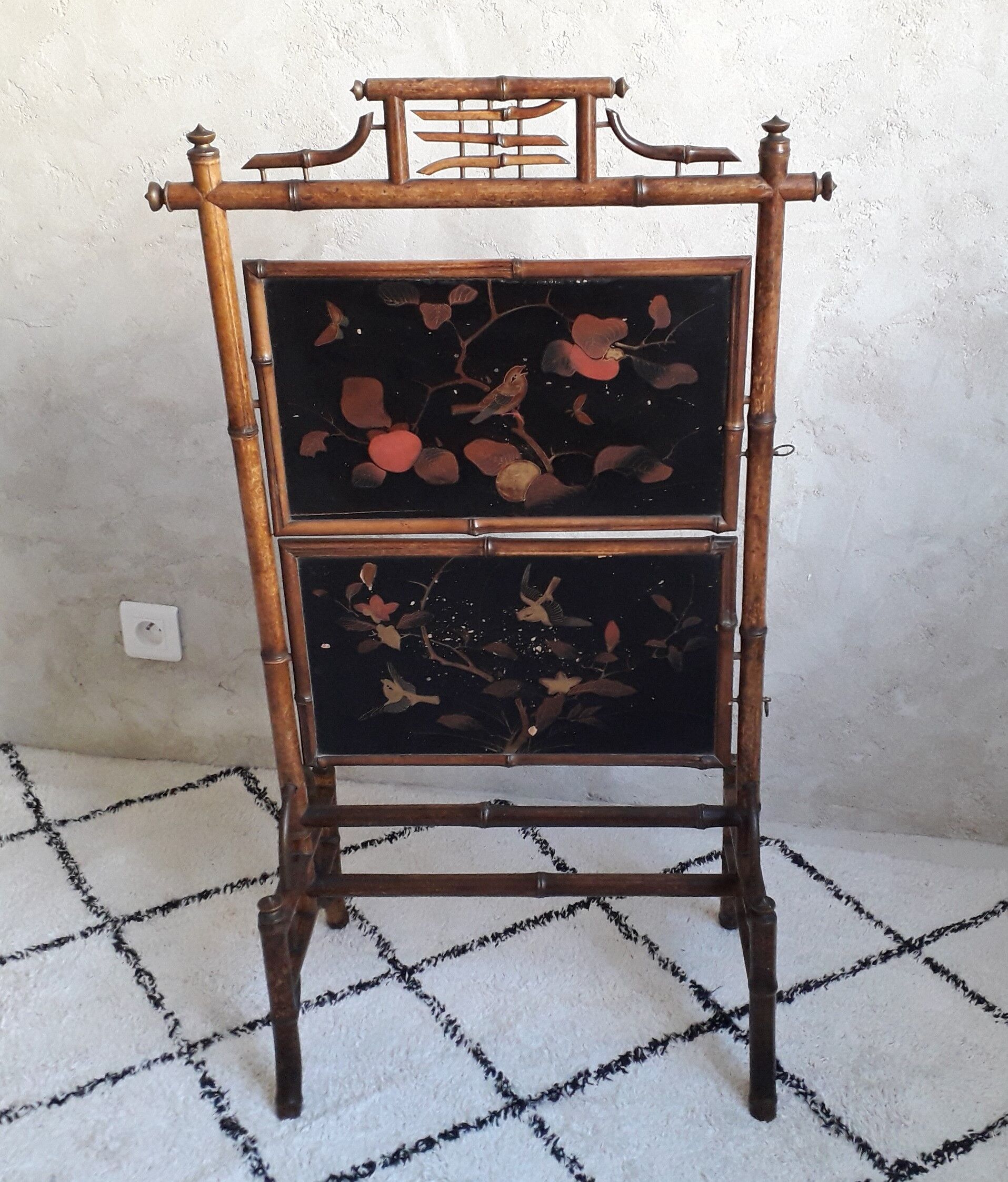 Bamboo shelves, fireplace