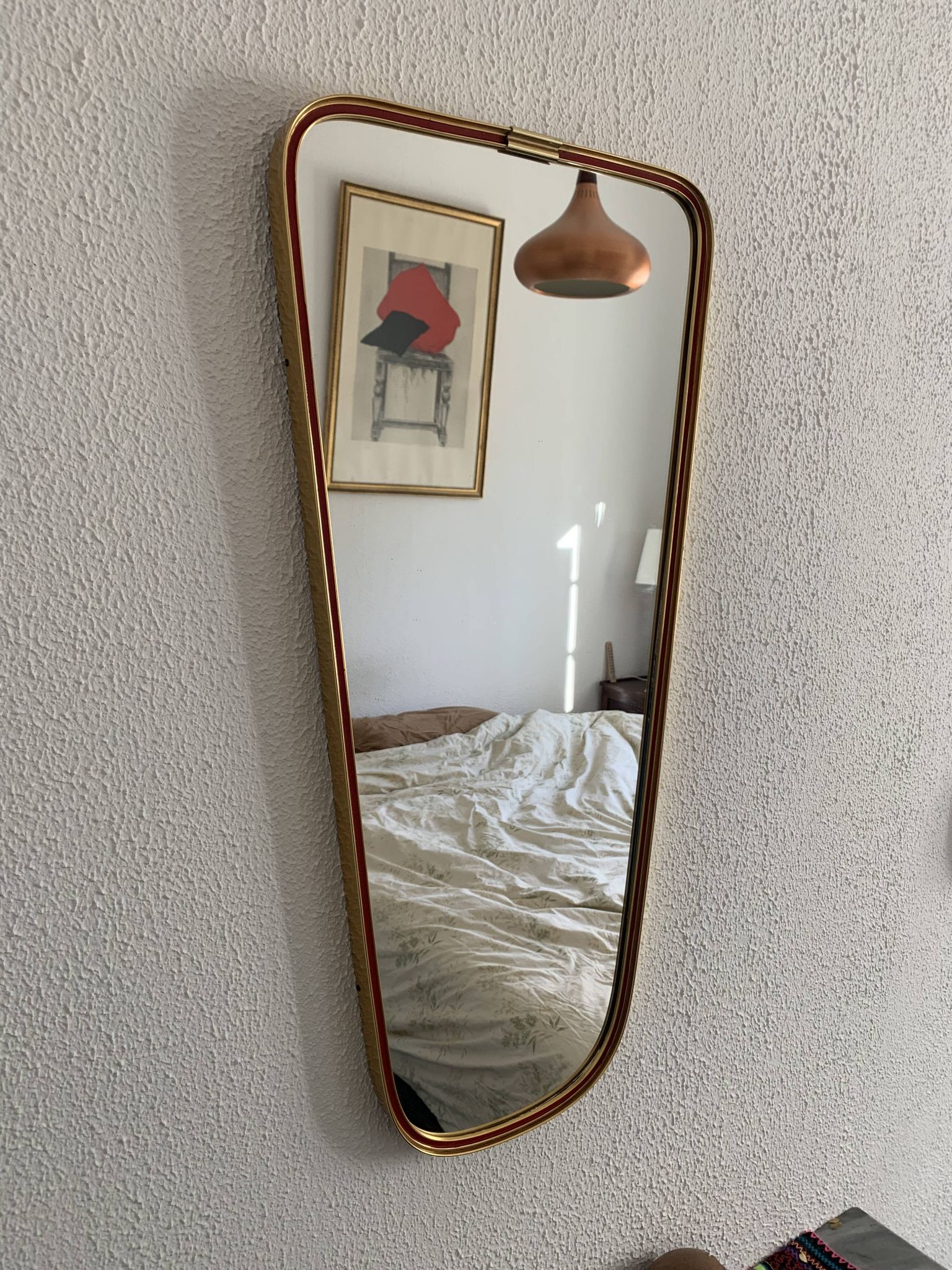 Vintage 1960s mirror asymmetrical free-form rearview mirror gold red - 71 x 3