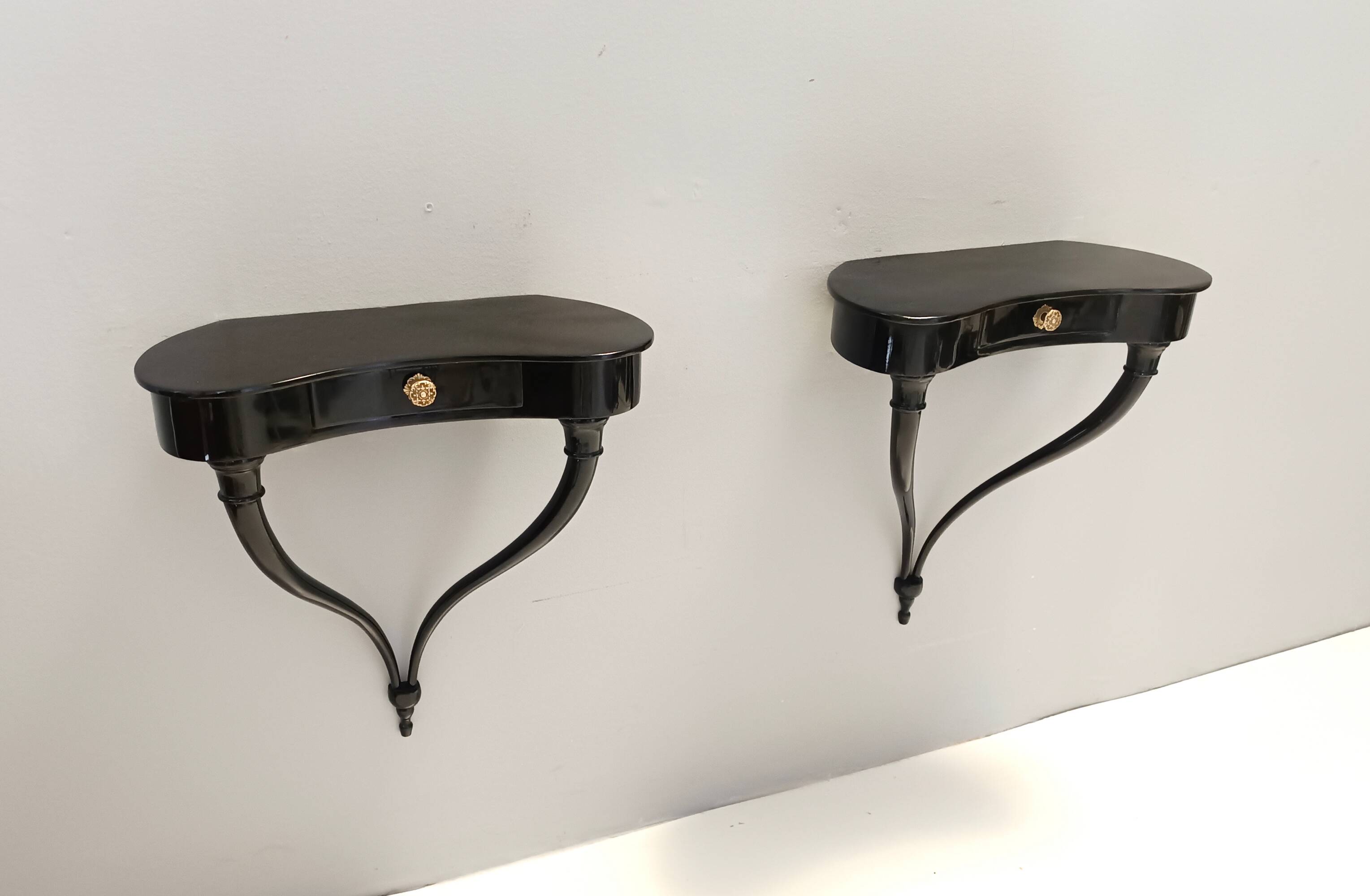 Pair of Black Wall-Mounted Console Tables / Nightstands attr. to Ulrich