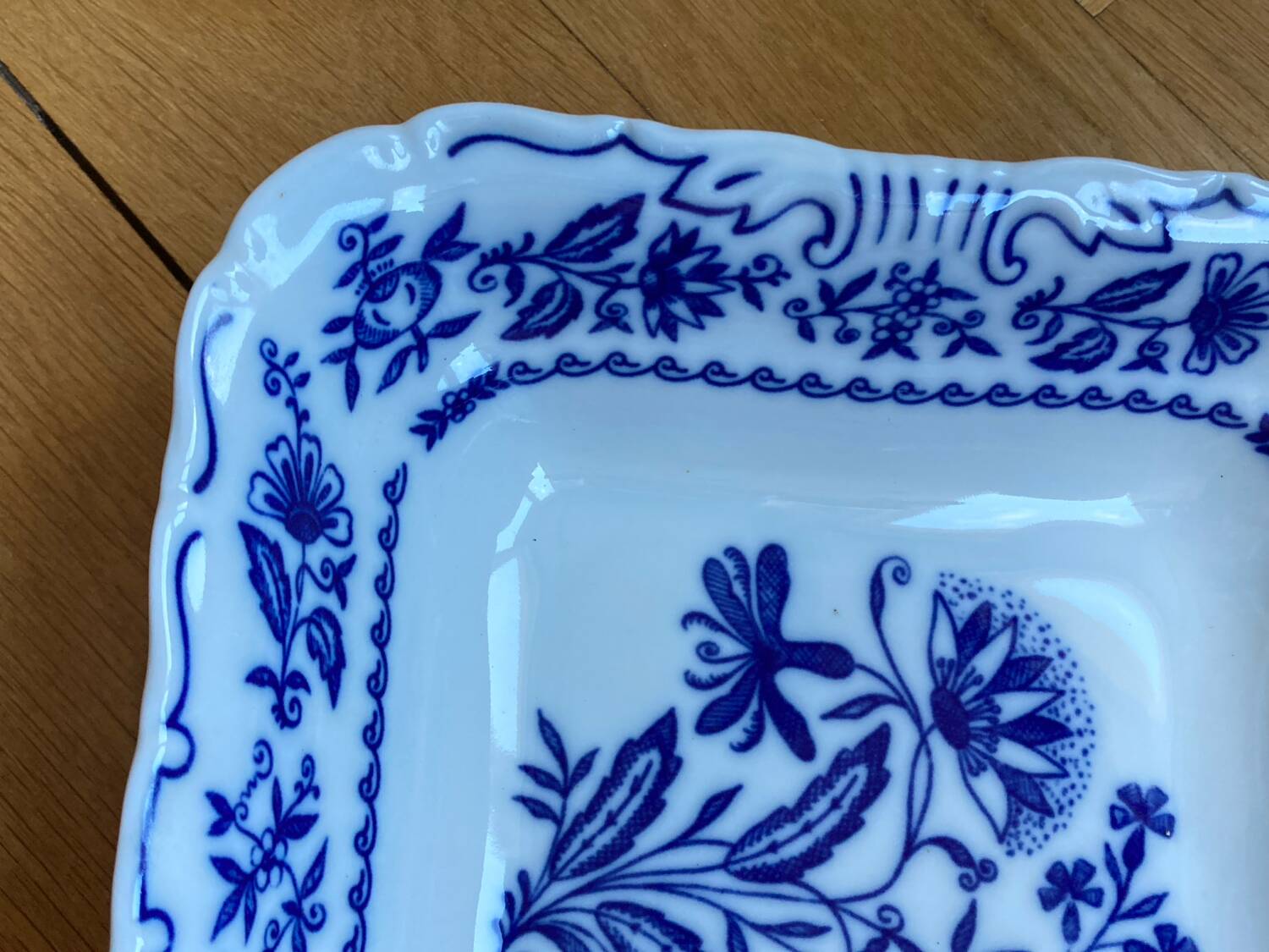 Square blue and white Czech porcelain salad bowl
