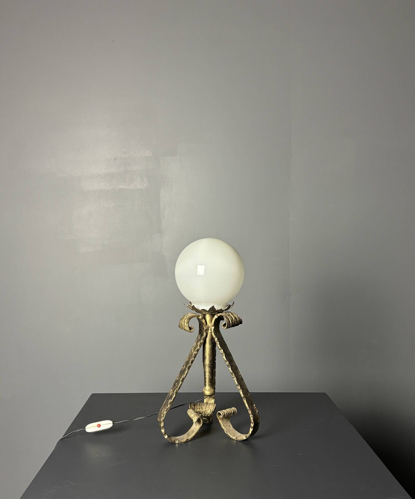 Midcentury brutalist wrought iron and opaline table lamp, Spain ca 1960s