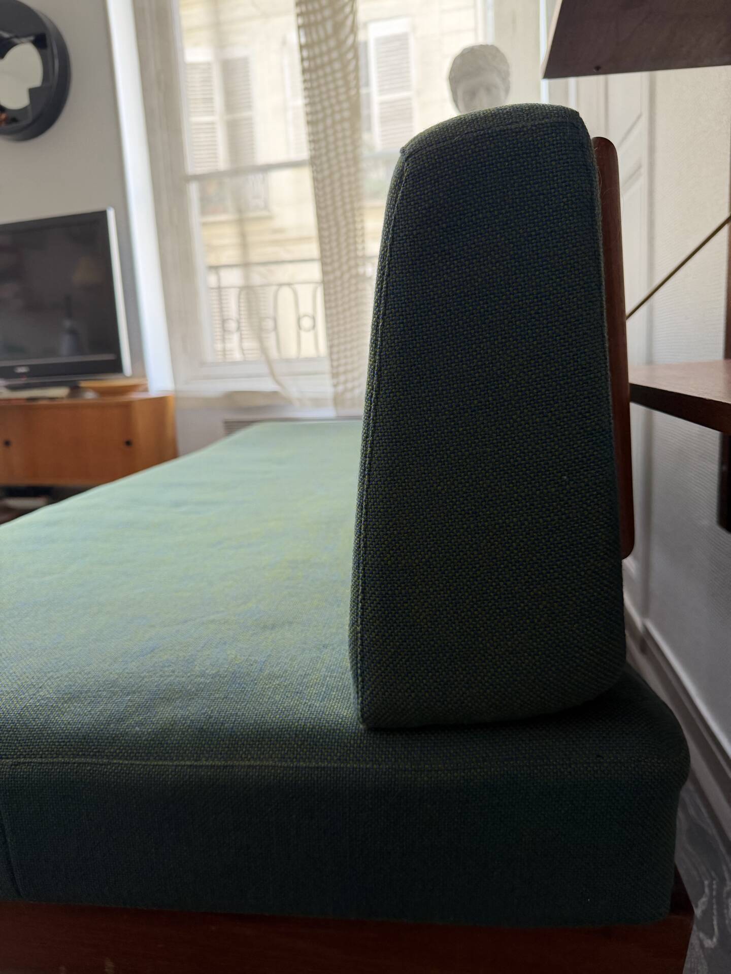 Vintage wooden sofa – modernist design, green mottled fabric