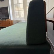 Vintage wooden sofa – modernist design, green patterned fabric