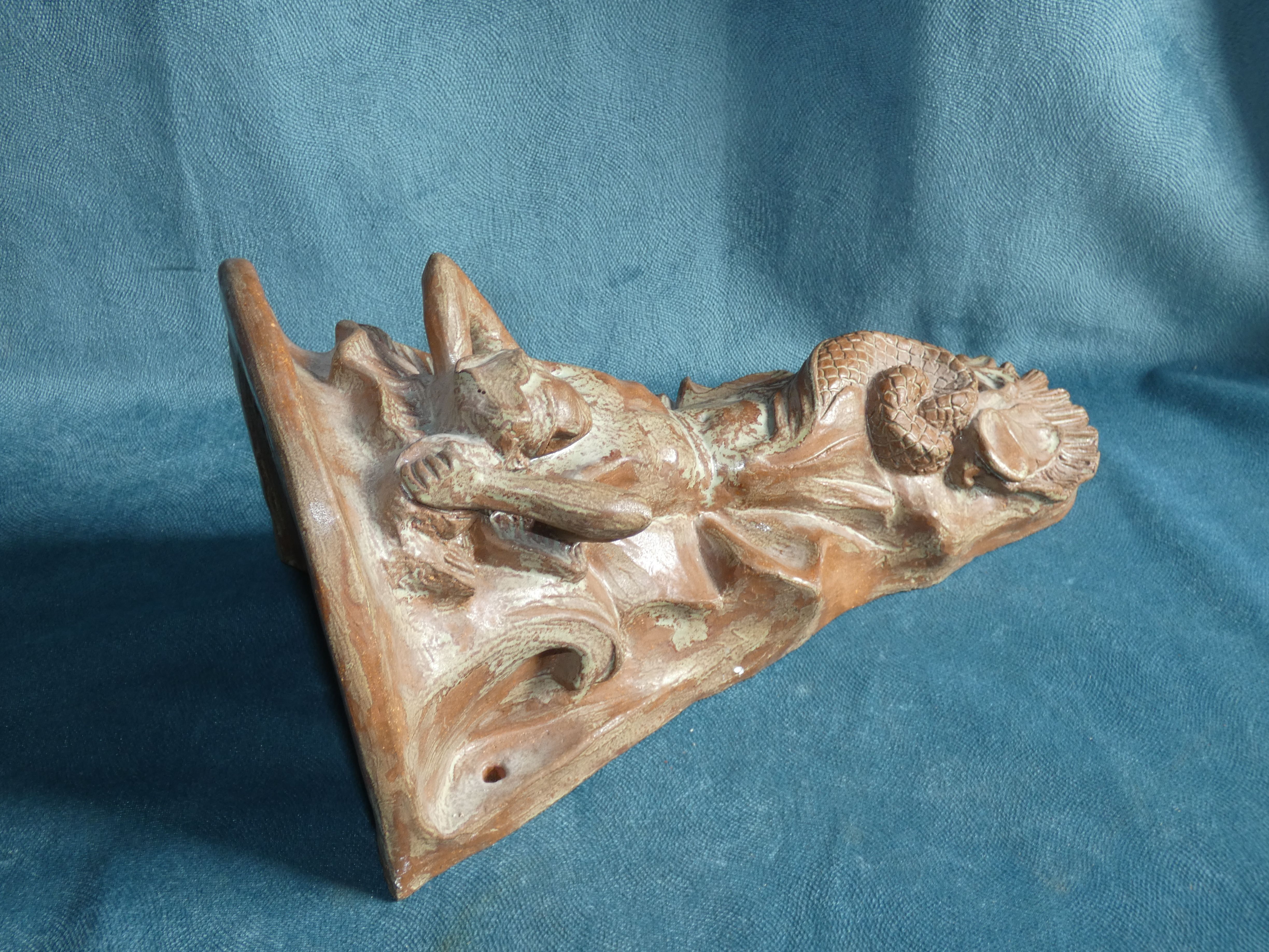 Terracotta console with caryatid mermaid decoration signed 1930 art deco