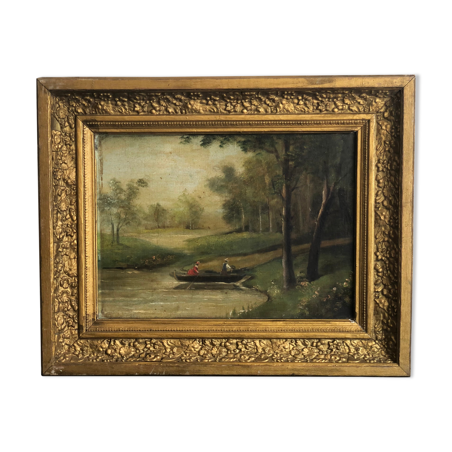 Oil on canvas framed Landscape with boat