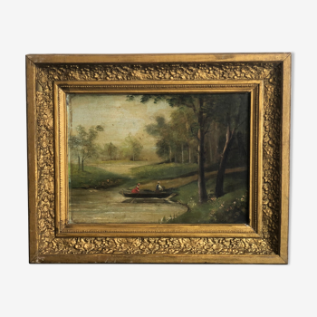 Oil on canvas framed Landscape with boat