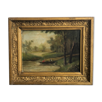 Oil on canvas framed Landscape with boat