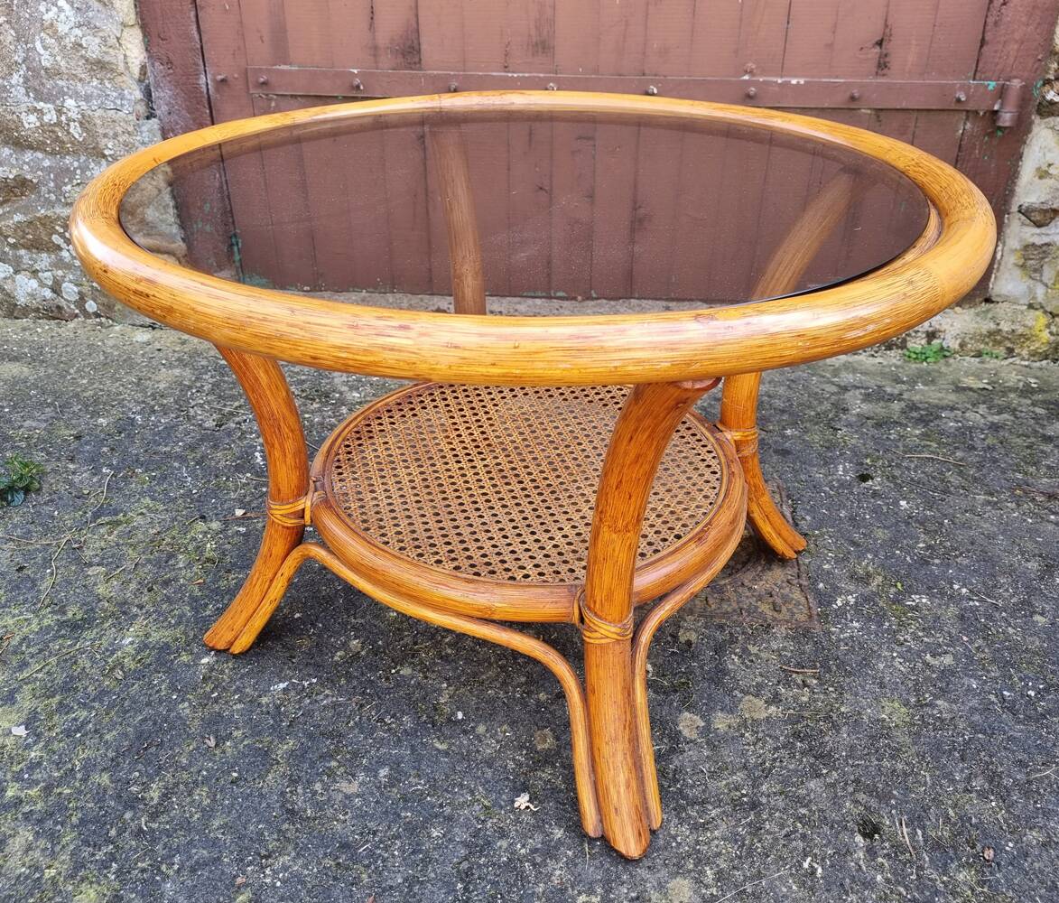 Round coffee table in cane and bamboo, vintage 1960
