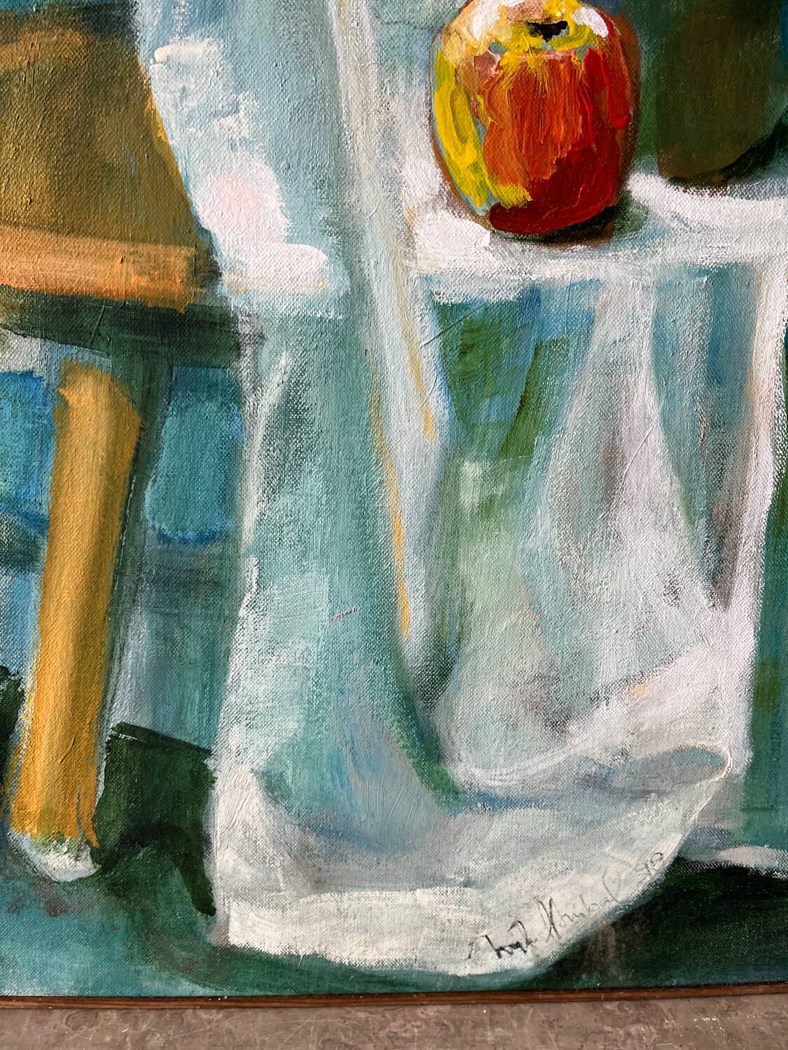 Nature morte sur chaise, signée Miguel Anibal 98