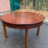 Scandinavian dining table and 4 Hans Olsen style chairs in teak and velvet.