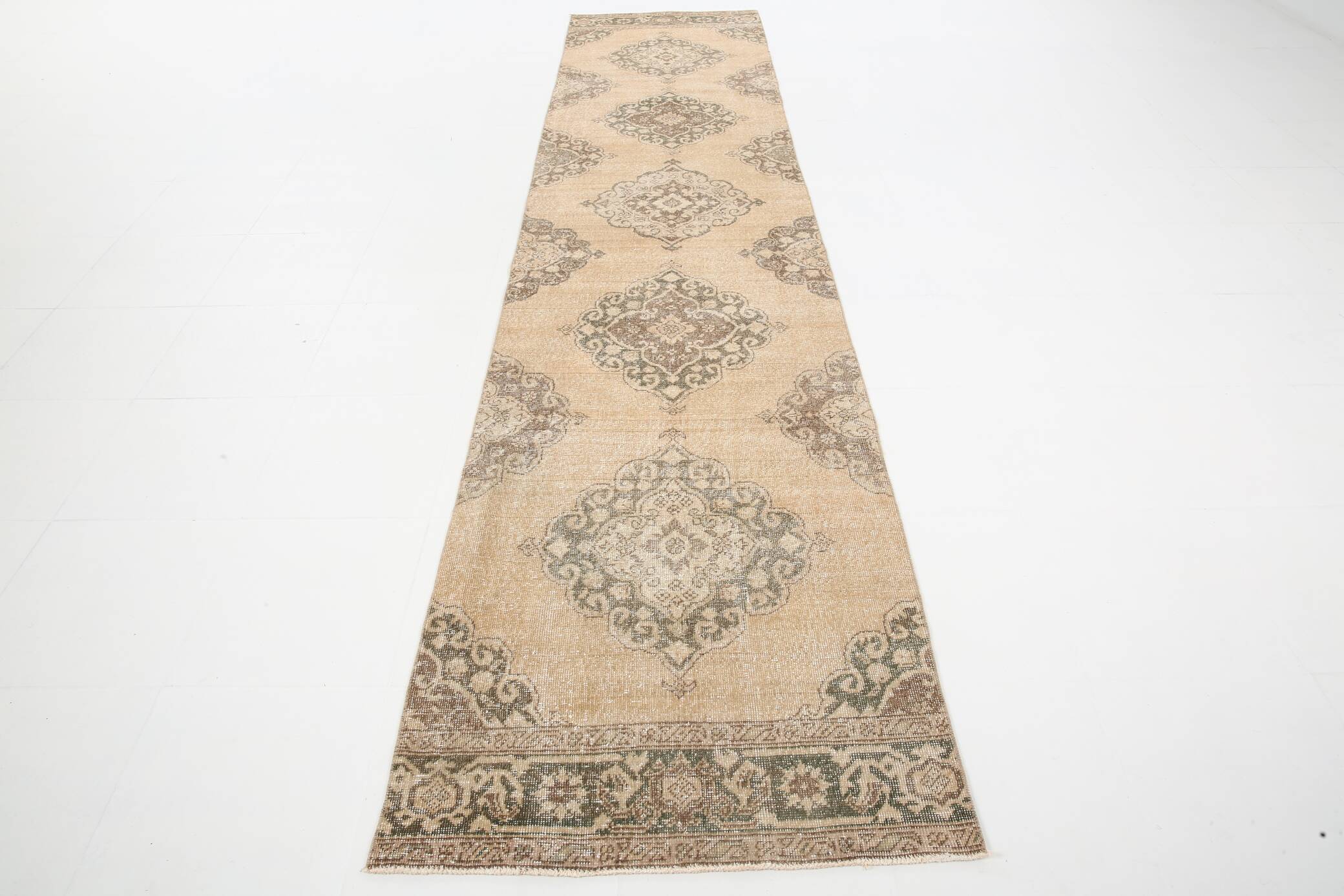 3x13 Beige & Brown Geometric Vintage Runner Rug, Long Runner Rug,