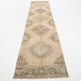3x13 Beige & Brown Geometric Vintage Runner Rug, Long Runner Rug,