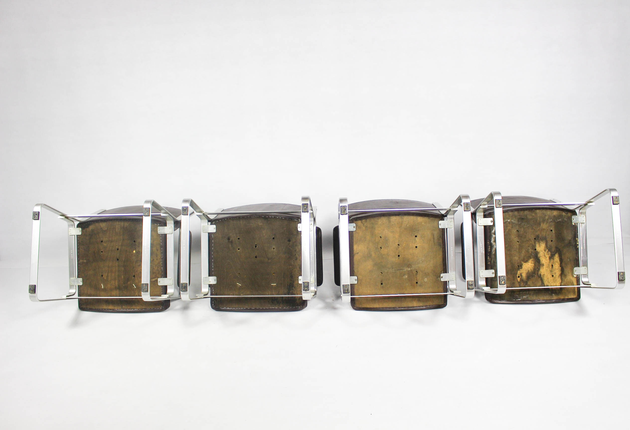 Swedish Mid Century Leather And Aluminum Armchairs By Karl Erik Ekselius For Joc Vetlanda, Set Of 4