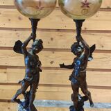 Pair of regulated kerosene lamps and marble