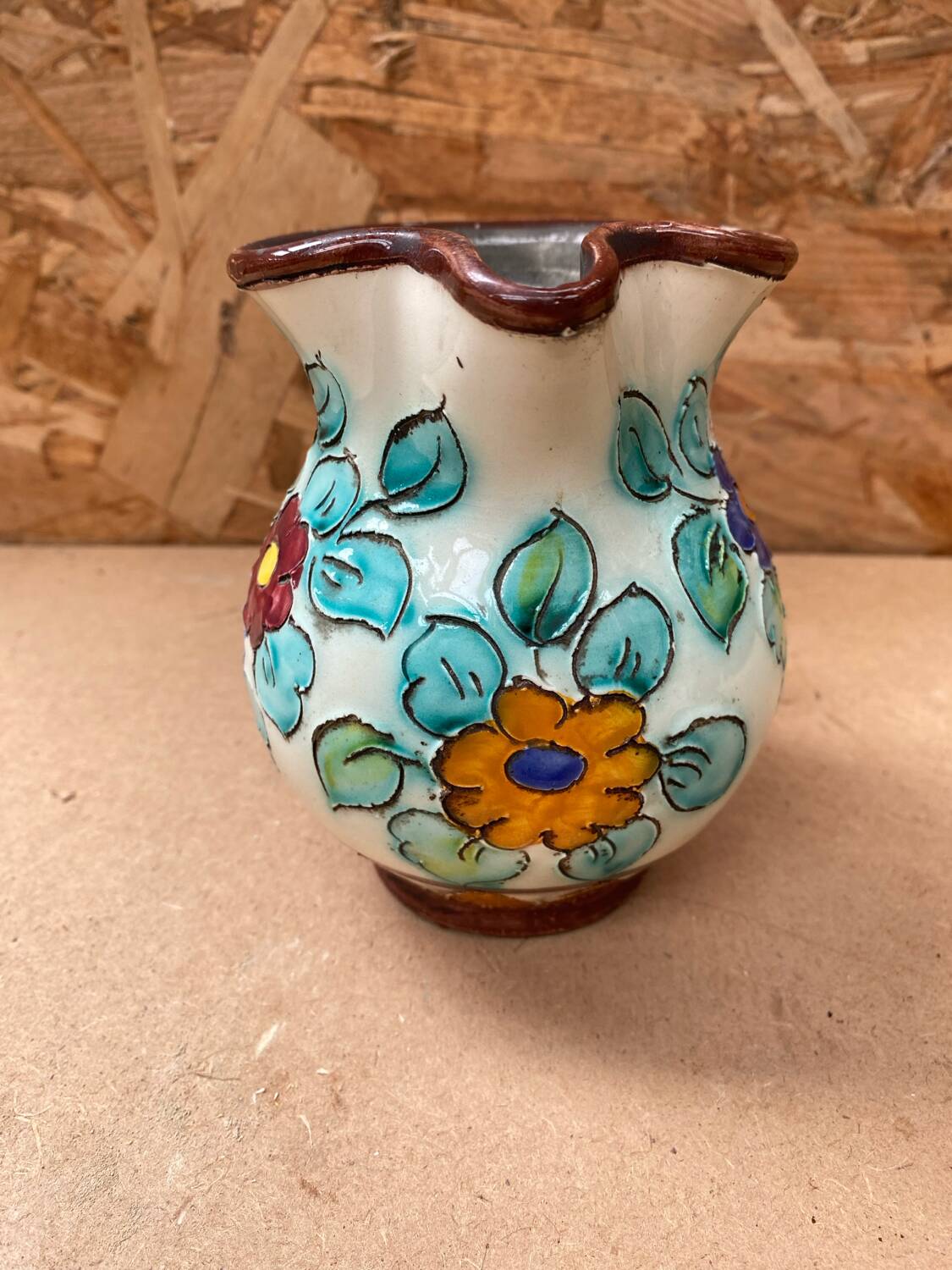 Antique cerart monaco ceramic pitcher chiseled flower decor 70's vintage