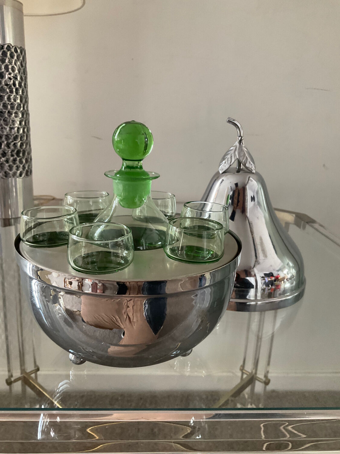 Vintage pear liqueur service in silver metal 70s