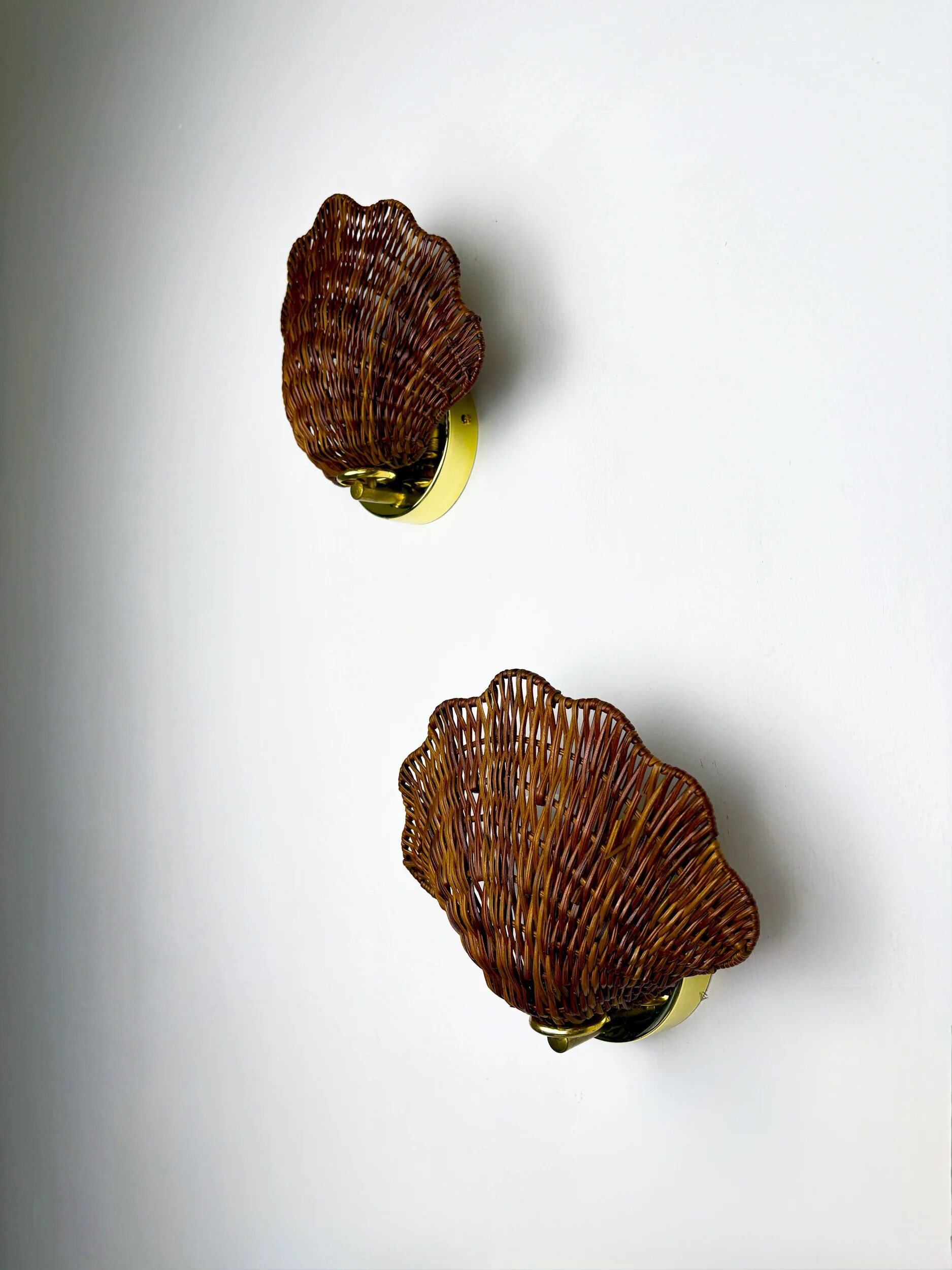 Pair of scalloped rattan wall sconces, 1980s, sourced in Spain