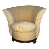 Fauteuil, crapaud, tapissier, ameublement jaune à motifs et bois