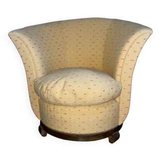 Fauteuil, crapaud, tapissier, ameublement jaune à motifs et bois