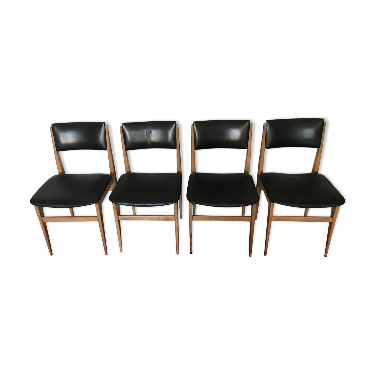 Lot of 4 Scandinavian chairs - wood and black skai