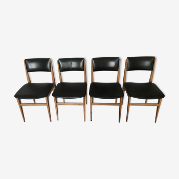 Lot of 4 Scandinavian chairs - wood and black skai