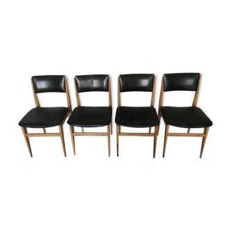 Lot of 4 Scandinavian chairs - wood and black skai