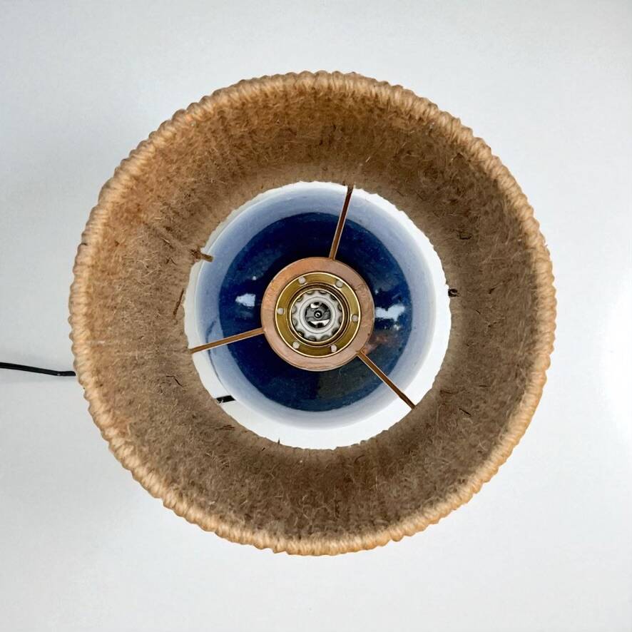 Vintage stoneware lamp by Colette Houtmann, 1980, raffia rope lampshade