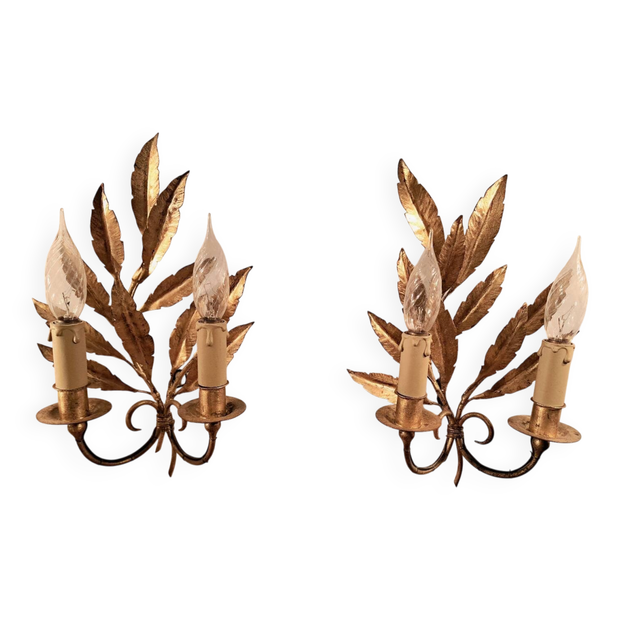 Pair of gold-tone metal leaf wall sconces