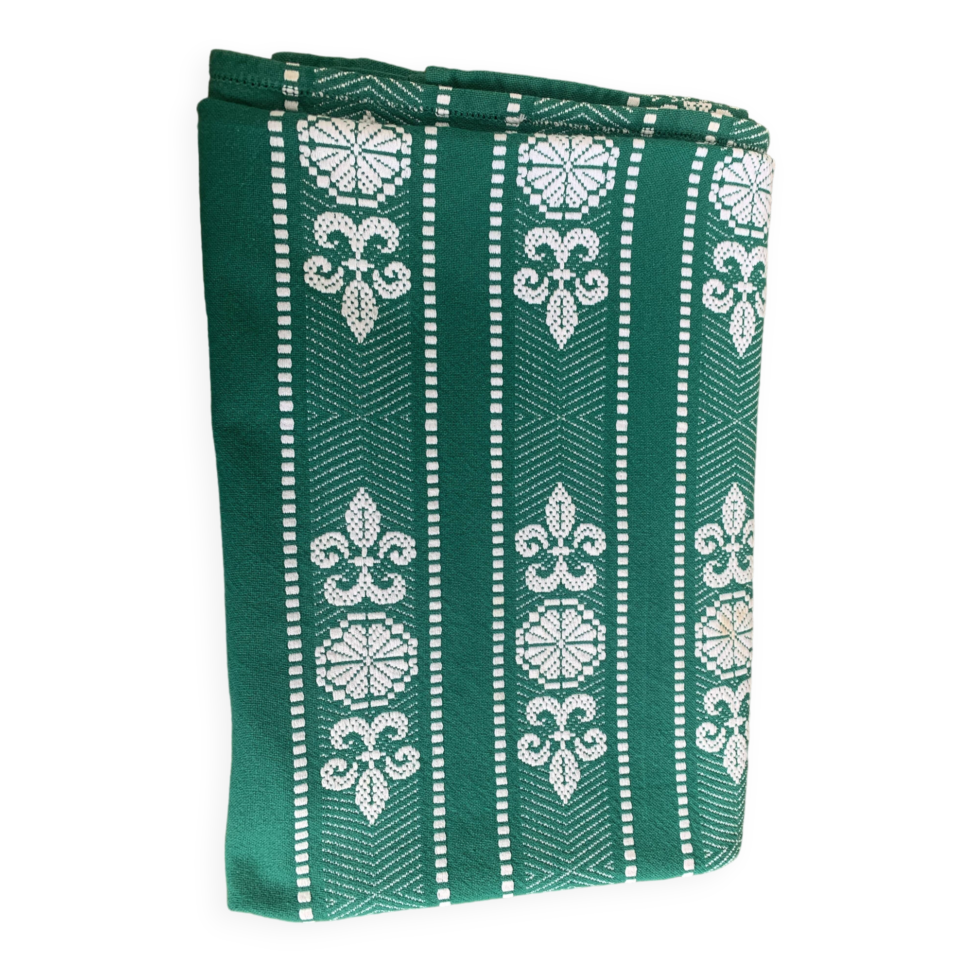 Helena Biarritz tablecloth, made in France, Basque linen, green with white embroidery, Vintage