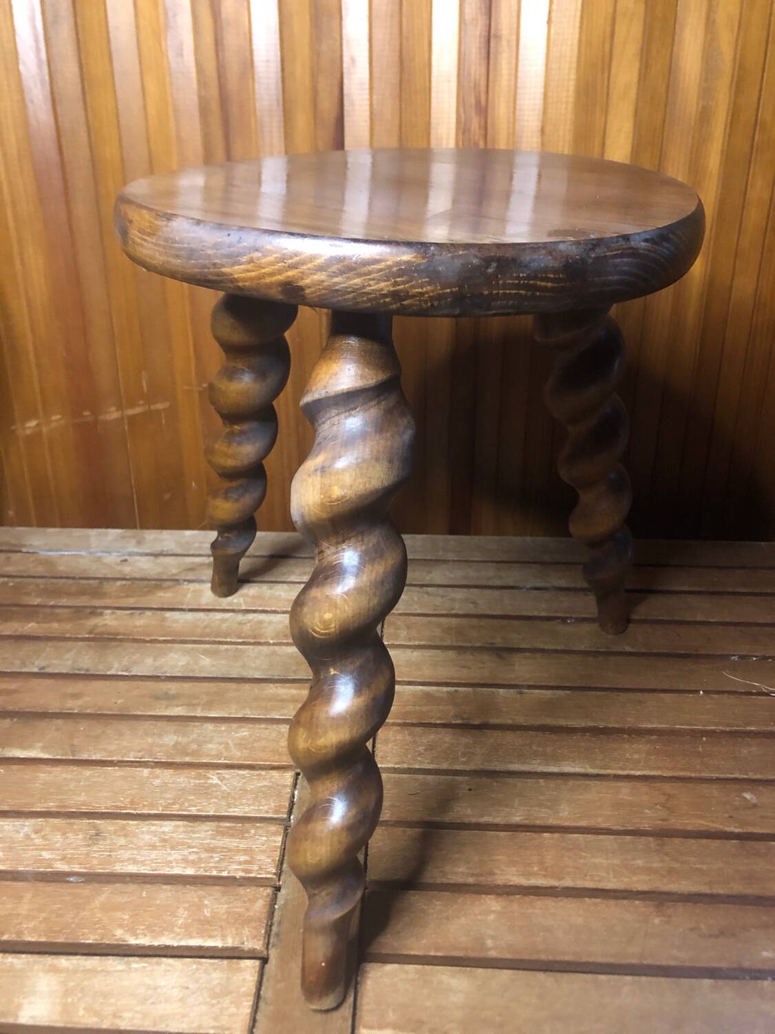 Charles Dudouyt style tripod milking stool vintage twisted wood #a583