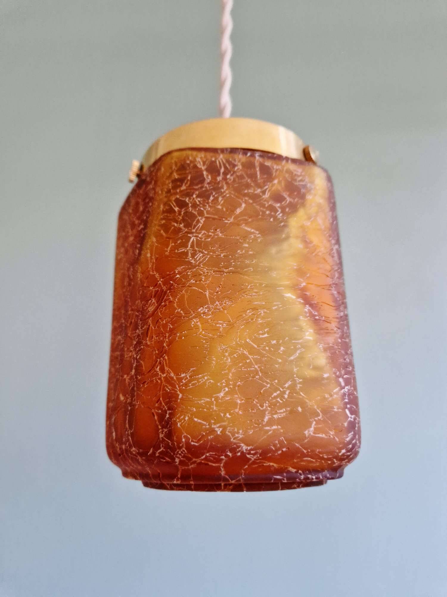 Art Deco pendant light in amber-colored crackled glass, 1920-30