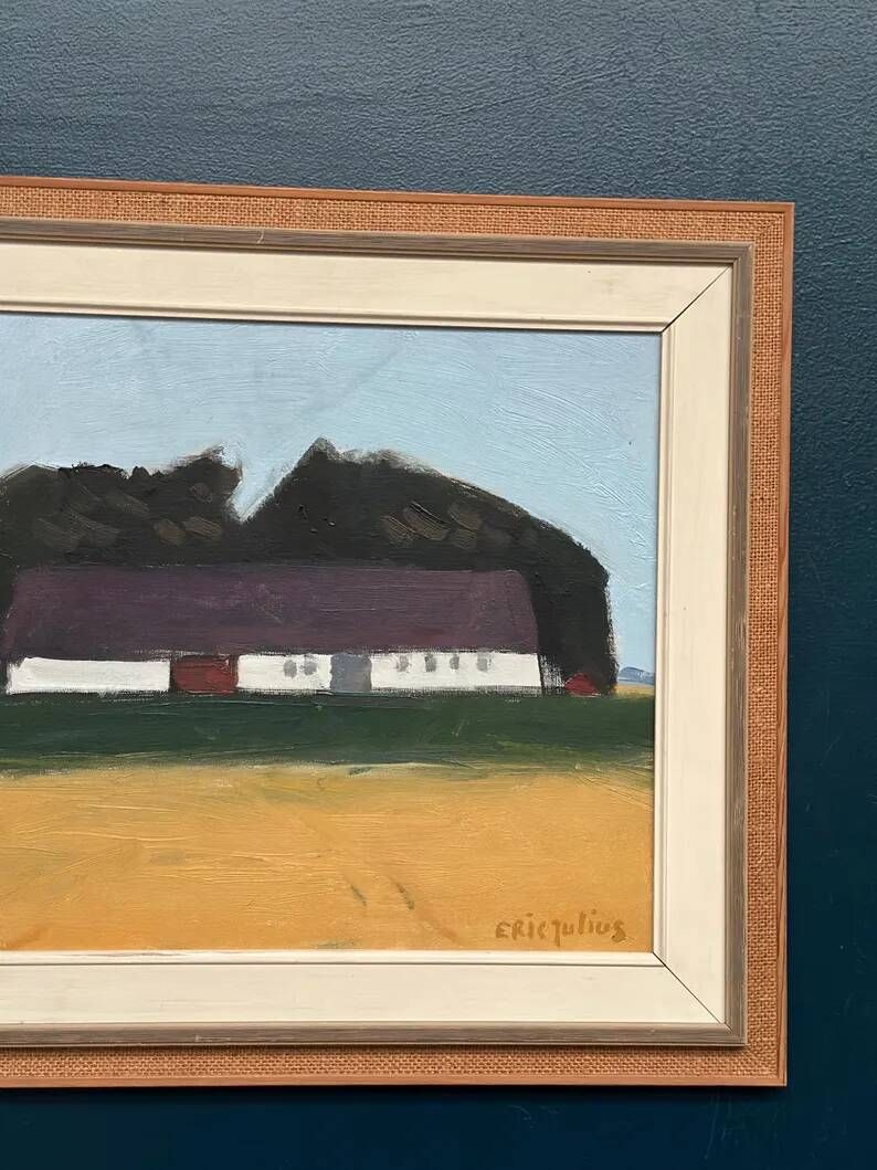 Original Swedish Oil on Canvas – "Farm" by Eric Julius – Signed – Vintage & Framed – 61 × 53 cm (24" × 20.9")