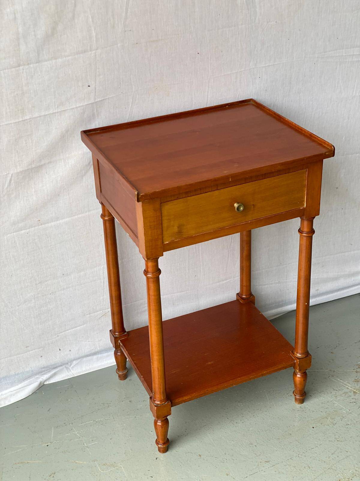 Vintage solid wood pedestal table with niche and drawer