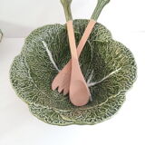 Vintage salad bowl in dabbling cabbage leaf and cutlery